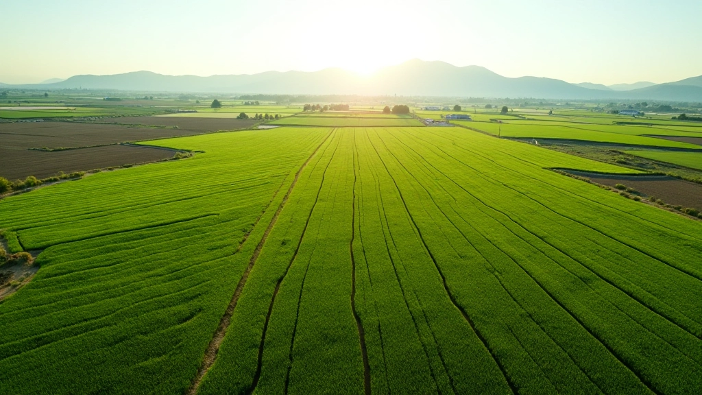 Drone'dan çekilen tarla görüntüsü, yeşil mahsuller ve sulama sistemleri