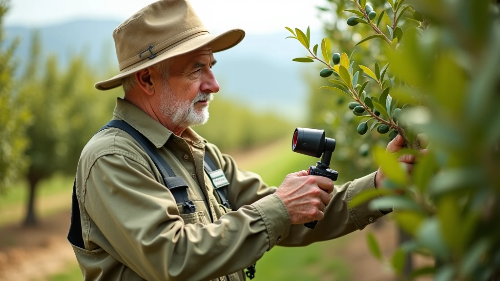 Çiftçi, bahçesinde sensör kurulumunu yapıyor, sistem ağını kontrol ediyor