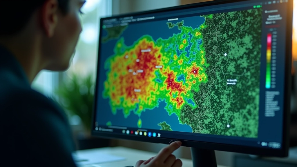 Bilgisayar ekranında uydu haritası, kırmızı ve yeşil renkli tarım alanları gösteriliyor