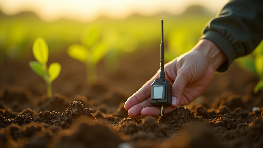 Tarla içinde toprak nem sensörü ve kablosuz cihaz gösterimi